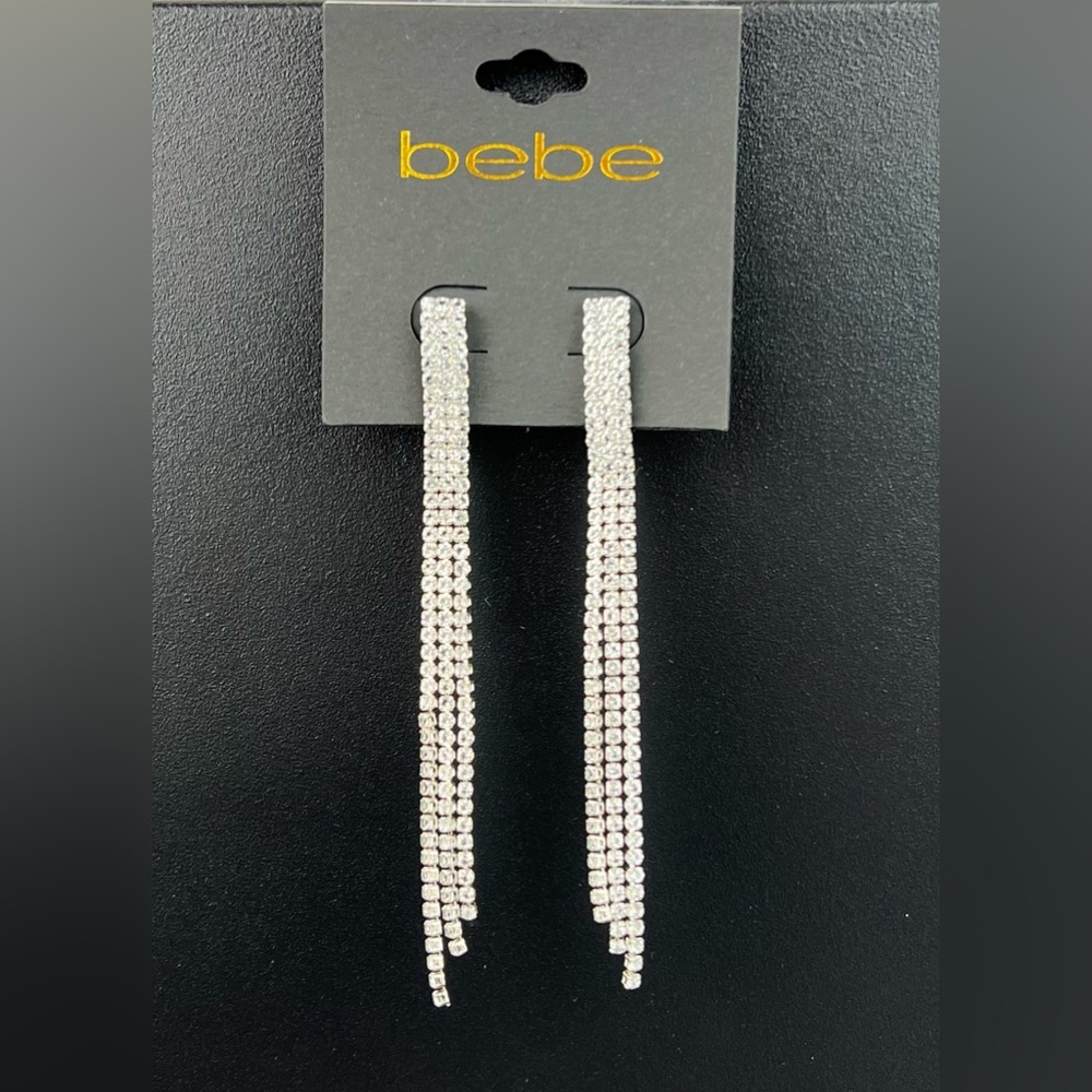 Bebe Earrings Drop 4” Silver - faux diamonds / crystals waterfall